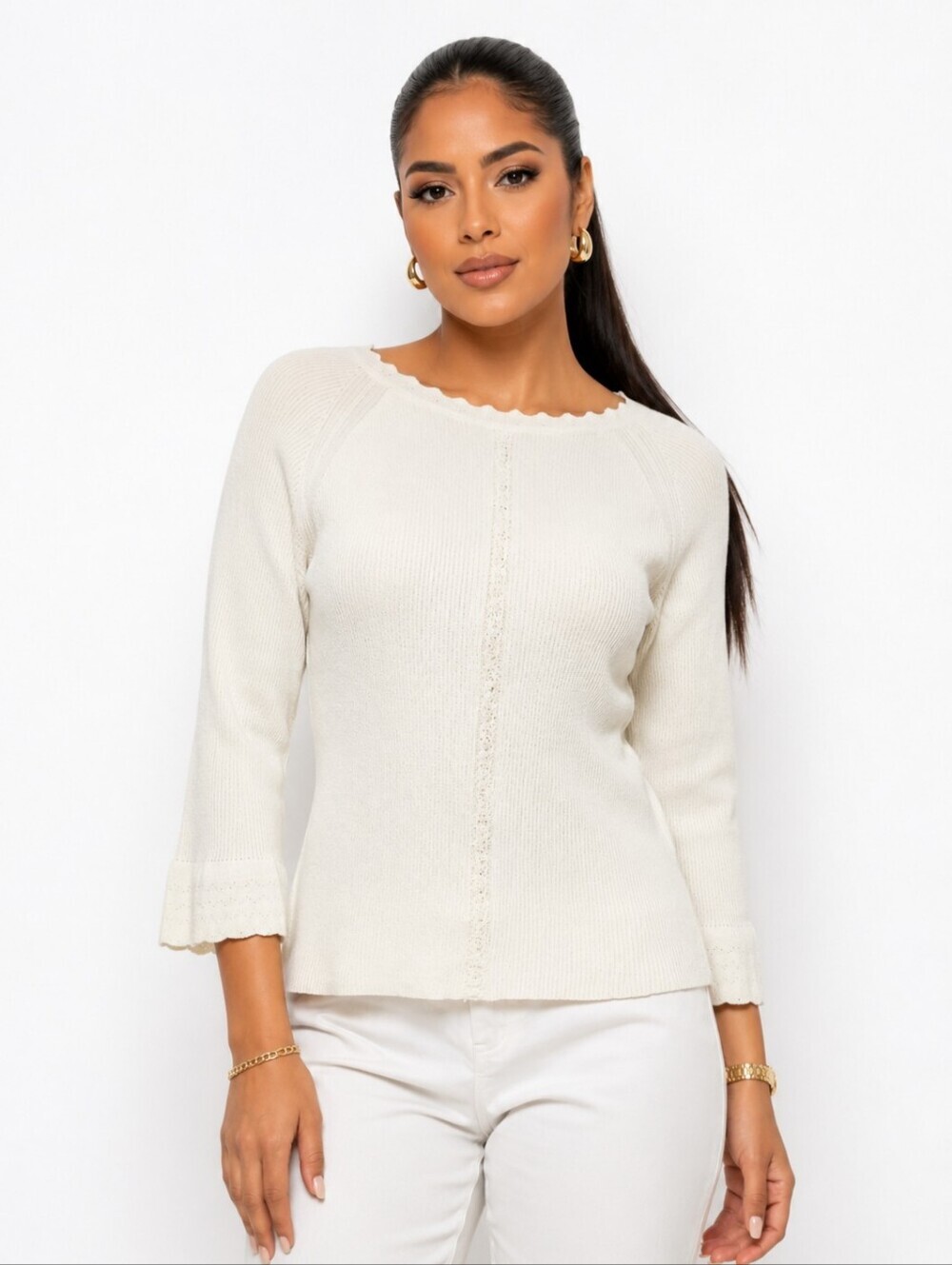 Emma James Women’s Cream Knit Sweater Blouse 3/4 Sleeve Scalloped Trim Size S.